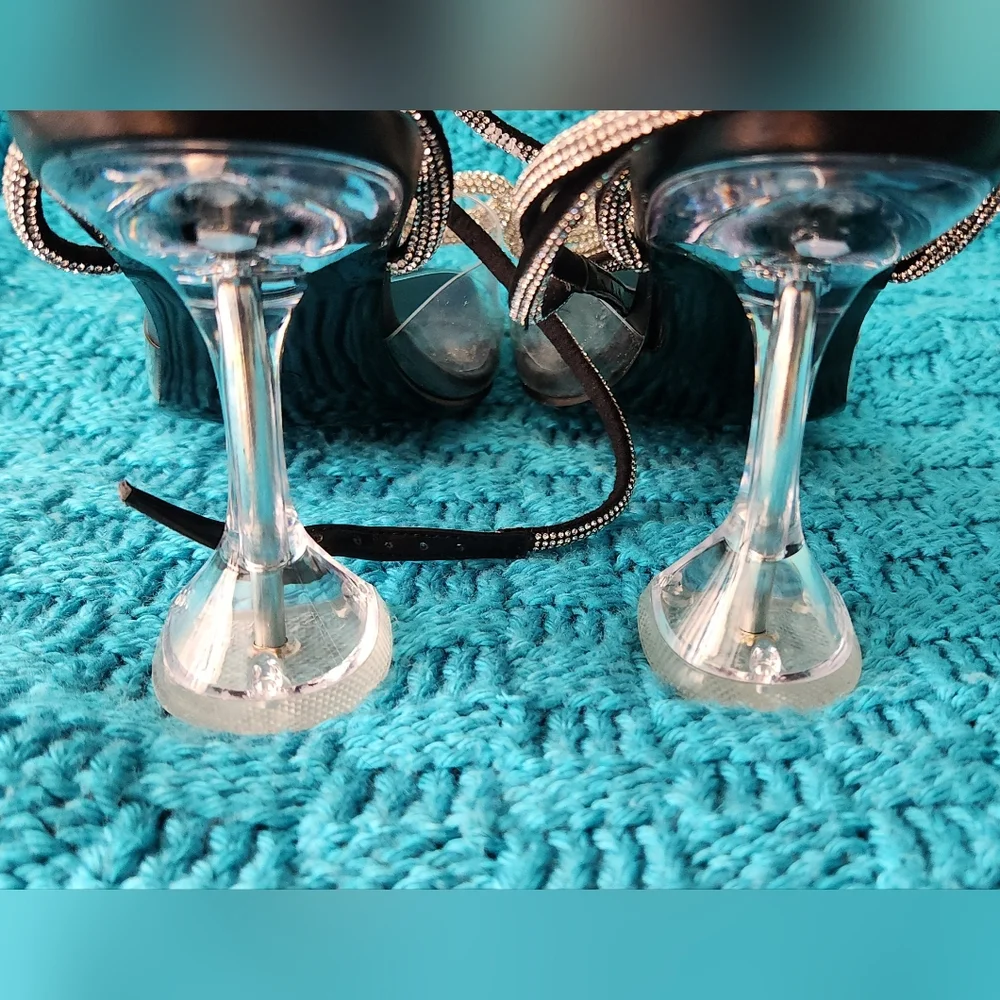 NIB Zzheels Blk Double Bowknots Crystal Clear Slingback Heels Square Toe Size8.5